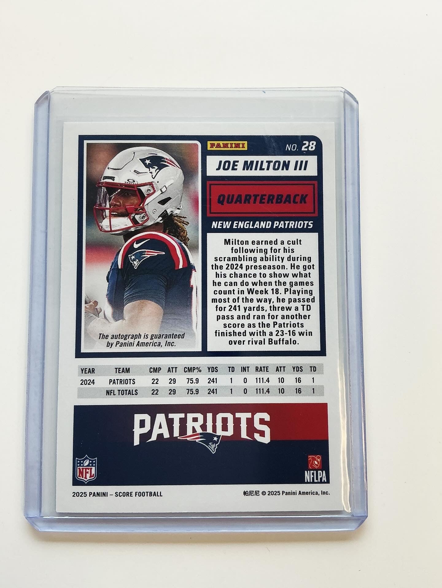 Joe Milton III Autographed card
