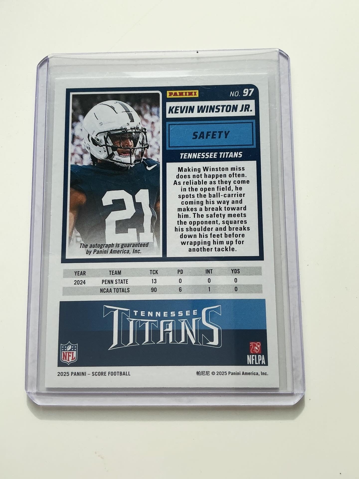 Kevin Winston Jr. Autographed Rookie card